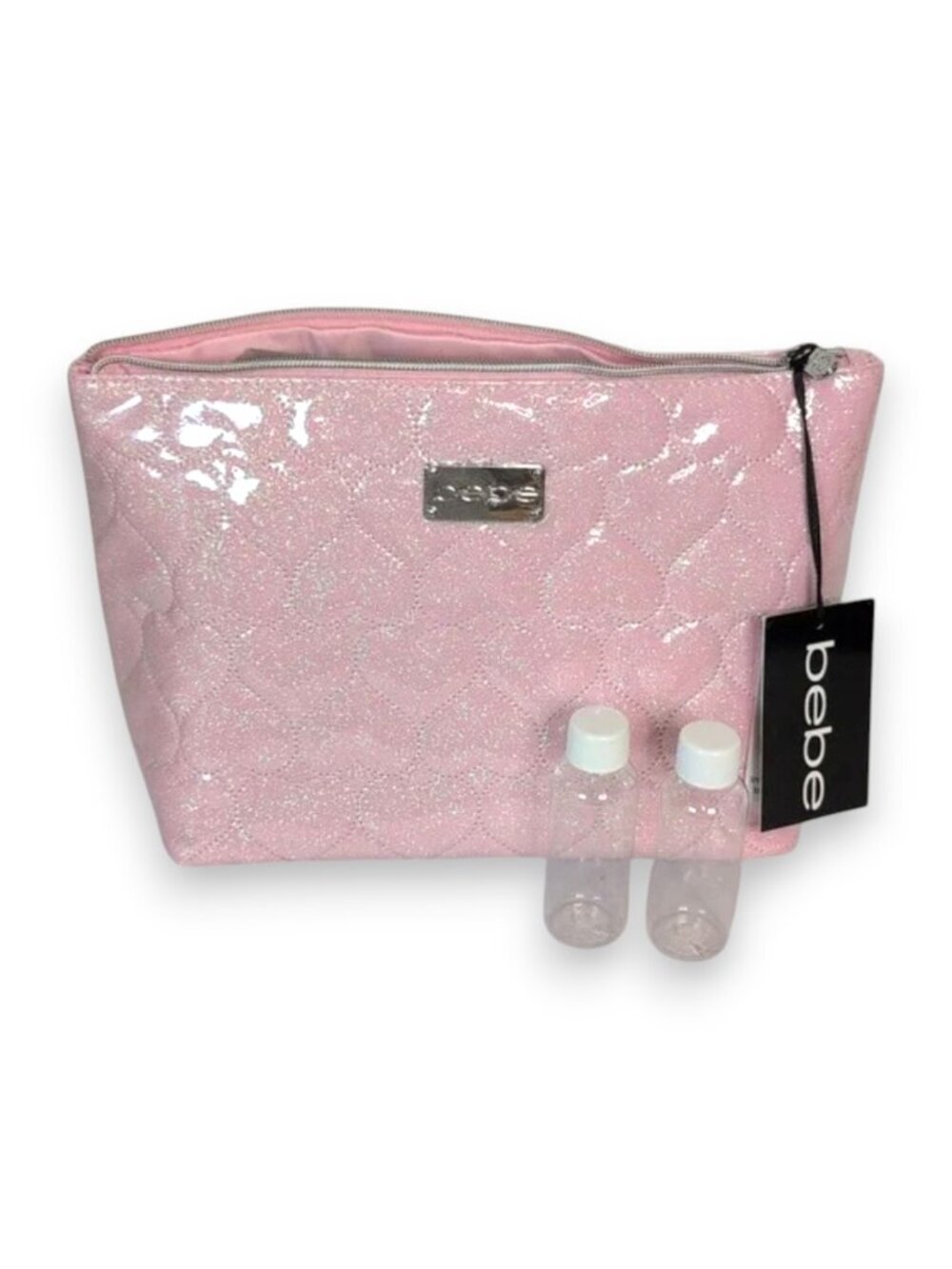 Bebe Pink Heart Quilted Shimmer Large Travel Cosmetic Bag 2 Travel Bottles NWT